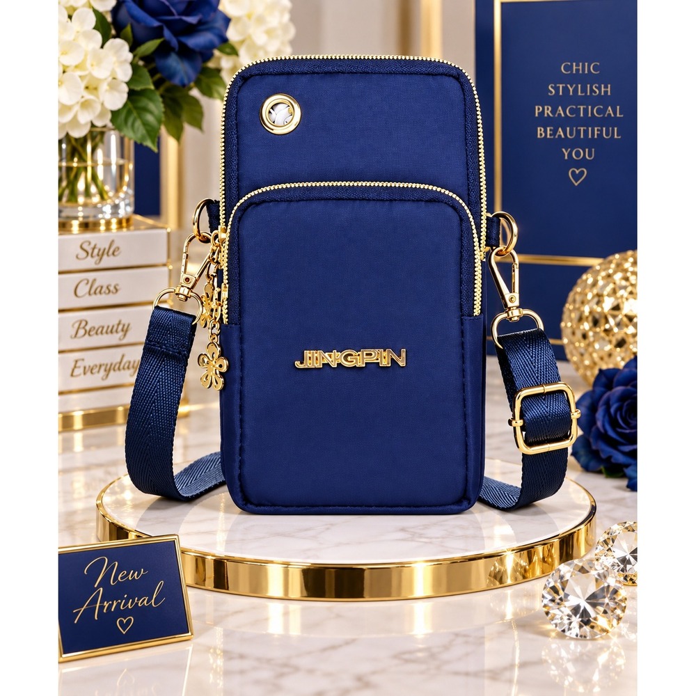 Jingpin Navy Nylon Crossbody Cell Phone Bag Small Travel Purse Gold Hardware